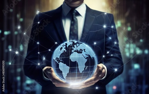 businessman holding planet hologram global business concept
