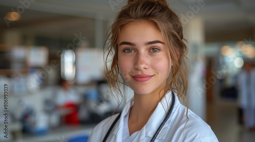 Woman With Stethoscope in Hospital