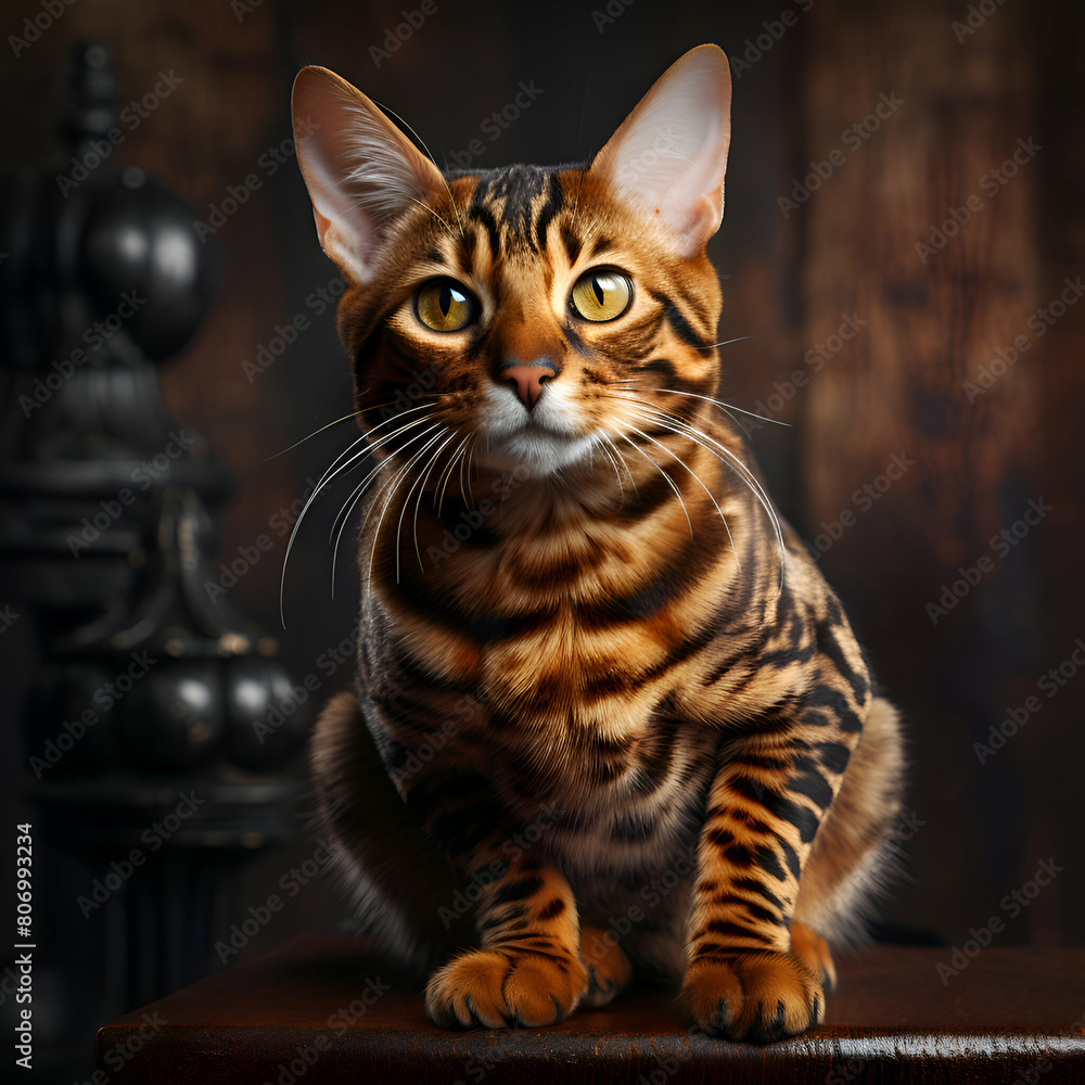 Bengal cat sitting on a wooden table. Dark background.