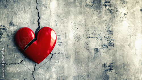  An artistic representation of a red glossy heart cracked in half on a rough concrete background, symbolizing broken love or heartache