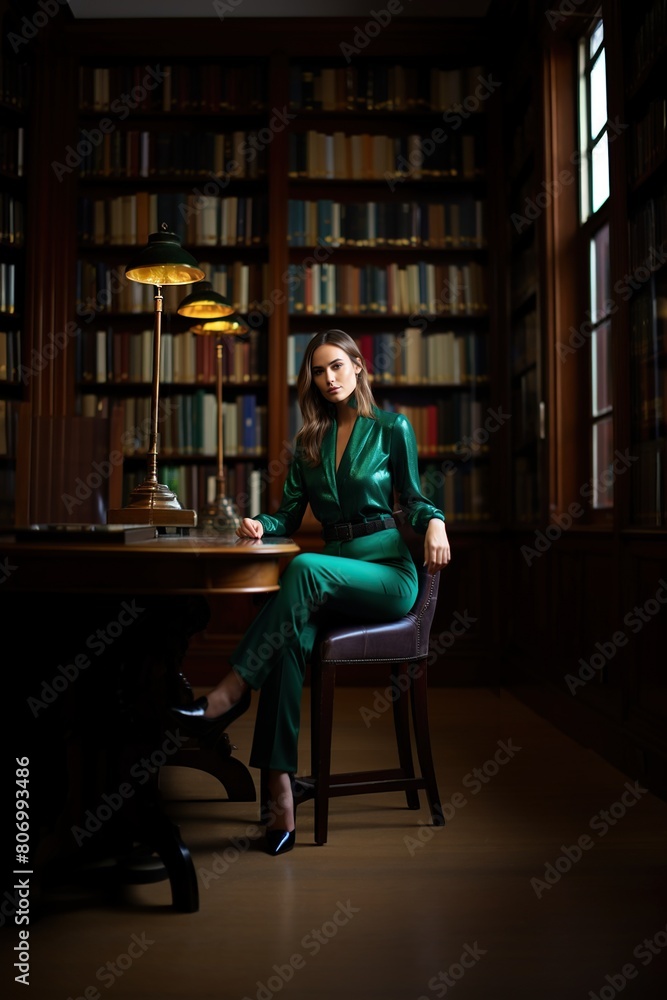 Young female teacher in a green blouse in the library. Young female teacher in a green blouse in the library.