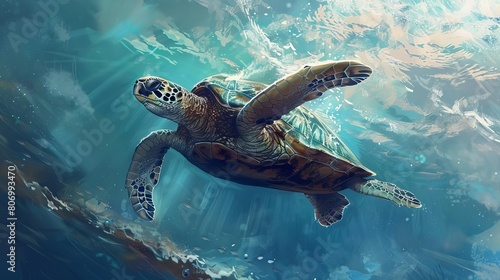 majestic sea turtle gracefully gliding through tranquil ocean waters underwater wildlife digital illustration