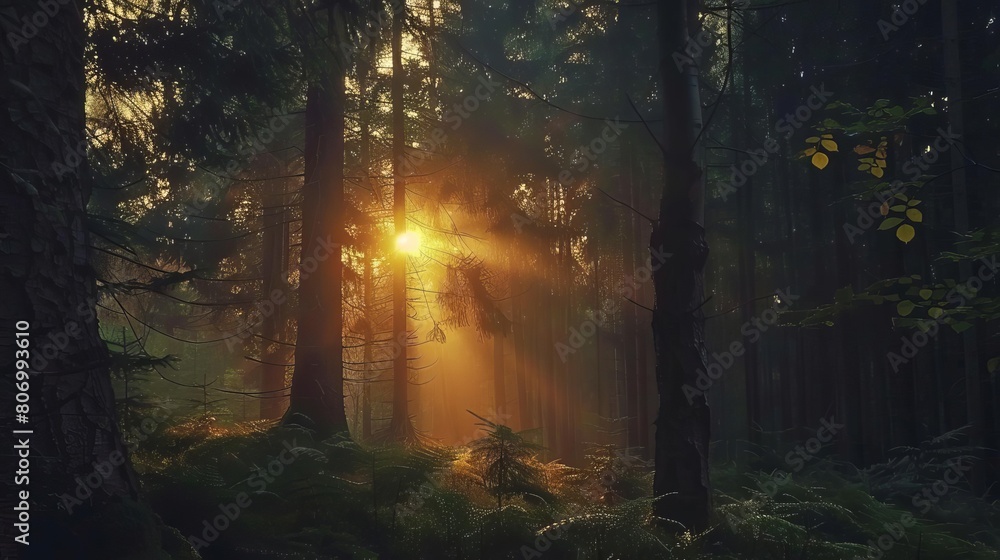 majestic sunset filtering through dense forest enchanting woodland landscape 4k wallpaper