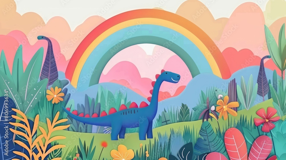 Obraz premium cartoon dinosaur on a rainbow background.