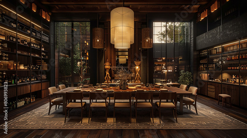 An elegant dining room with a long wooden table, upholstered chairs, and a statement light fixture hanging above, inviting guests to gather for a meal.