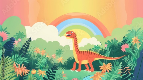 cartoon dinosaur on a rainbow background.