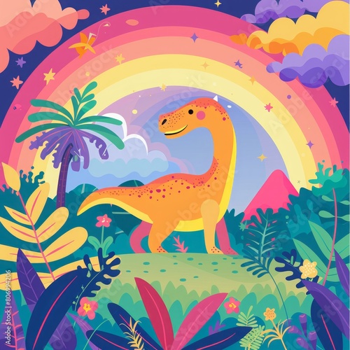 cartoon dinosaur on a rainbow background.