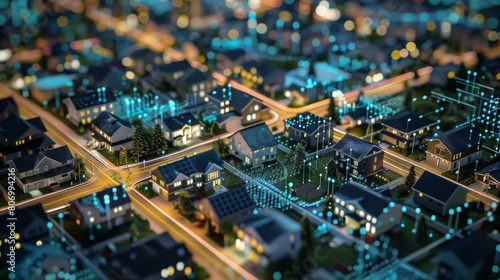 Aerial view of a smart city at dusk, showcasing glowing lights and network connections across residential areas. © Emiliia