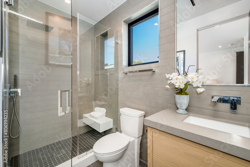 a bathroom with a toilet  sink  shower and mirror