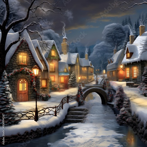Winter village with houses and trees covered with snow at night  3d illustration