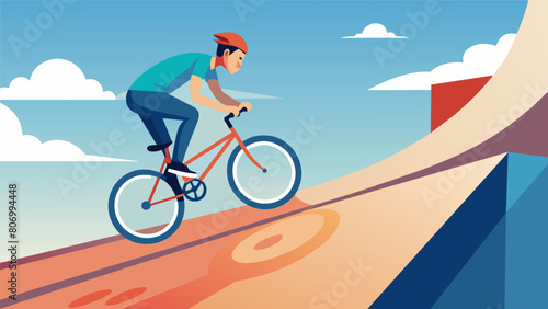 On a sunny afternoon a BMX rider effortlessly glides up and down the walls of a steel halfpipe practicing their balancing skills and control.. Vector illustration