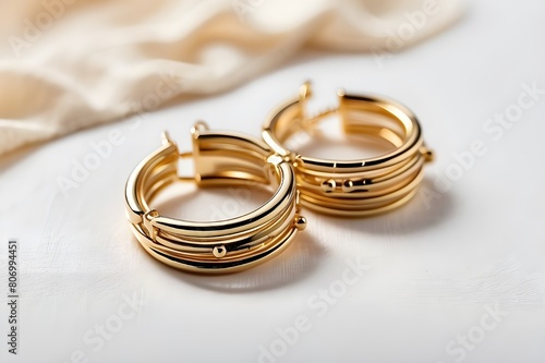 Subject shot of a pair of golden stud earrings isolated on the white textile surface. Each earring is made in the form of a triple unlocked hoop. 