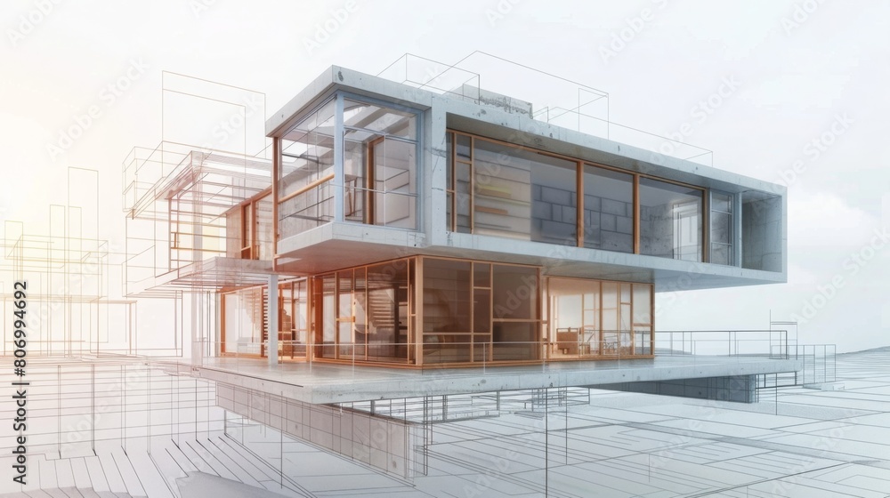 An architectural rendering merges with the blueprint of a modern two-story house, showcasing the design process.