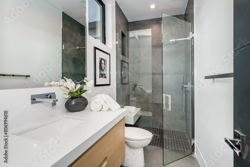 a modern white and gray bathroom features large shower stall  walk in glass door