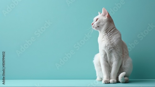 An elegant white cat sits gracefully with a graceful posture against a turquoise background, creating a peaceful and minimalistic look.