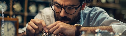 A charismatic closeup portrait of a watchmaker meticulously repairing a vintage timepiece, half body colorful strange bizarre sharpen blur background with copy space photo