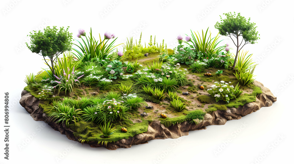 3D Flat Forest Floor Exploration: Detailed view of insects, moss, and plants capturing essence of life in isometric scene 3D Flat Forest Floor Exploration: Detailed view of insects, moss, and plants capturing essence of life in isometric scene
