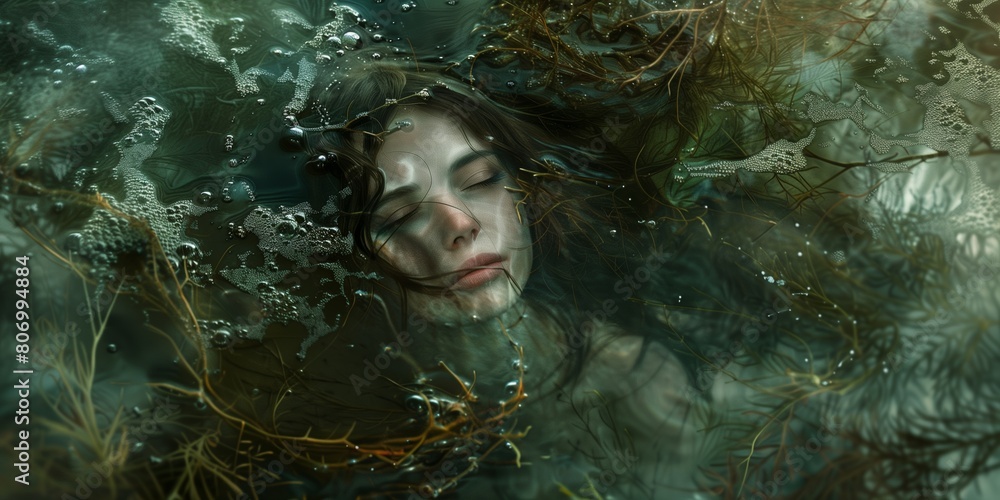 Mysterious and serene image of a woman's face partially submerged in water with her hair spread around Mysterious and serene image of a woman's face partially submerged in water with her hair spread around