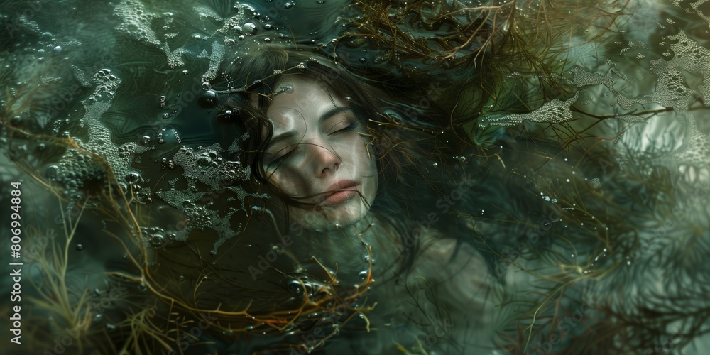 Mysterious and serene image of a woman's face partially submerged in water with her hair spread around