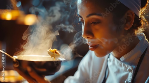 A chef tastes a spoonful of a new recipe in her kitchen photo