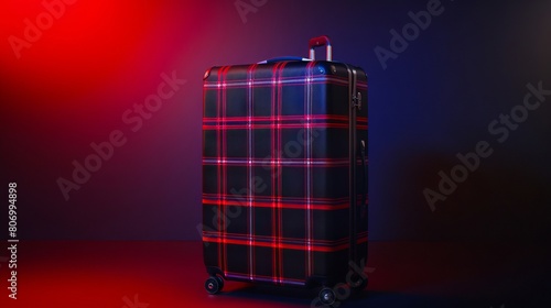 A suitcase with plaid pattern on wheels.