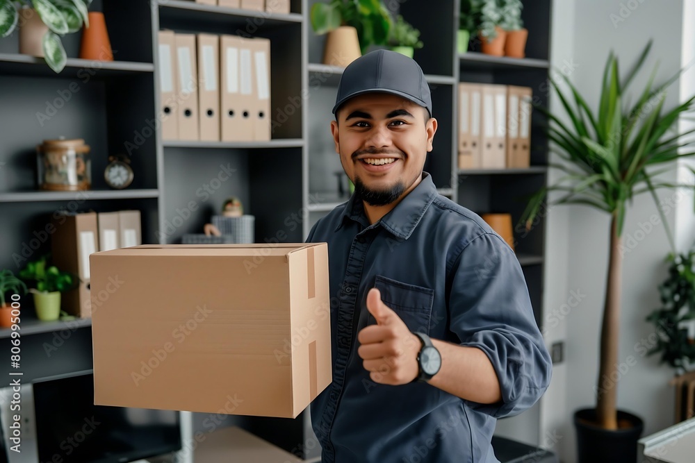 Diverse Mexican delivery worker smiling holding cardboard box parcel in office thumbs up gesture, eshop concept Diverse Mexican delivery worker smiling holding cardboard box parcel in office thumbs up gesture, eshop concept