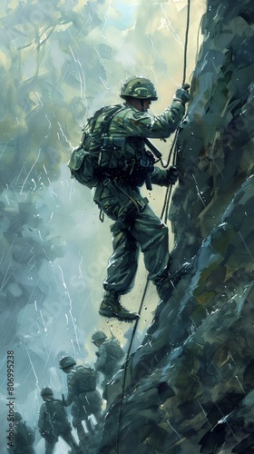 A detailed illustration of a soldier demonstrating rappelling techniques to new recruits in a training camp