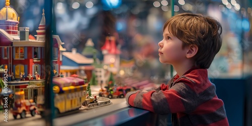 Young boy admiring a detailed miniature train set with focus and curiosity, igniting the imagination photo