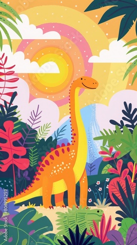 cartoon dinosaur on a rainbow background.