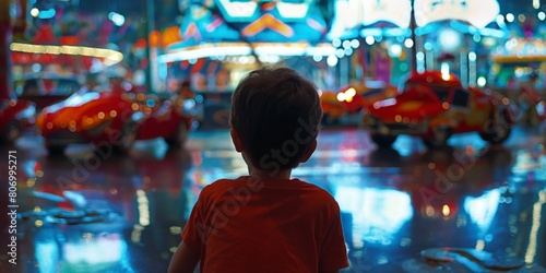 A child is transfixed by the bright colors and games of an arcade at a carnival night photo