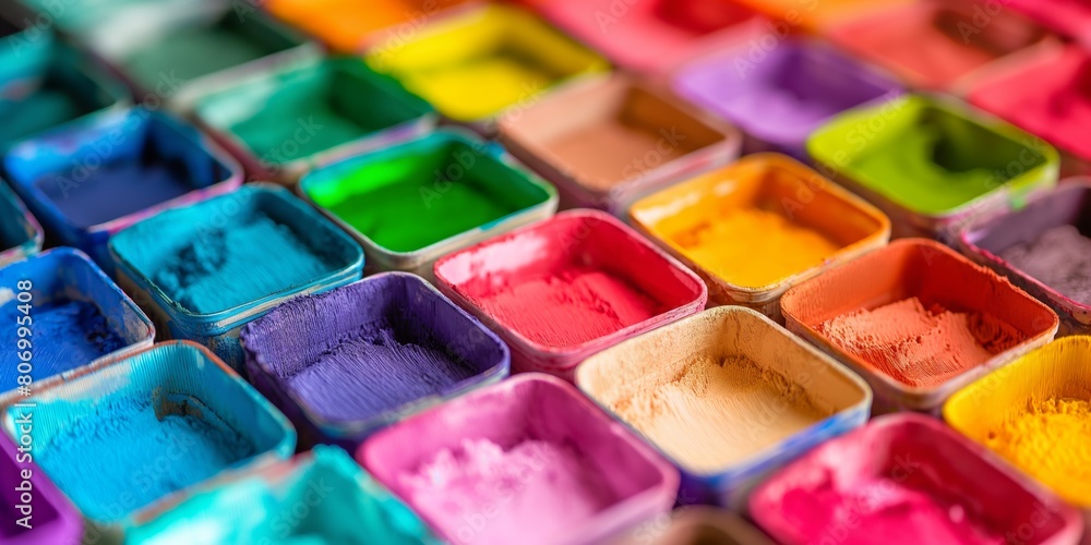Highly detailed image of a watercolor paint tray featuring a rainbow of vivid colors and pigments Highly detailed image of a watercolor paint tray featuring a rainbow of vivid colors and pigments
