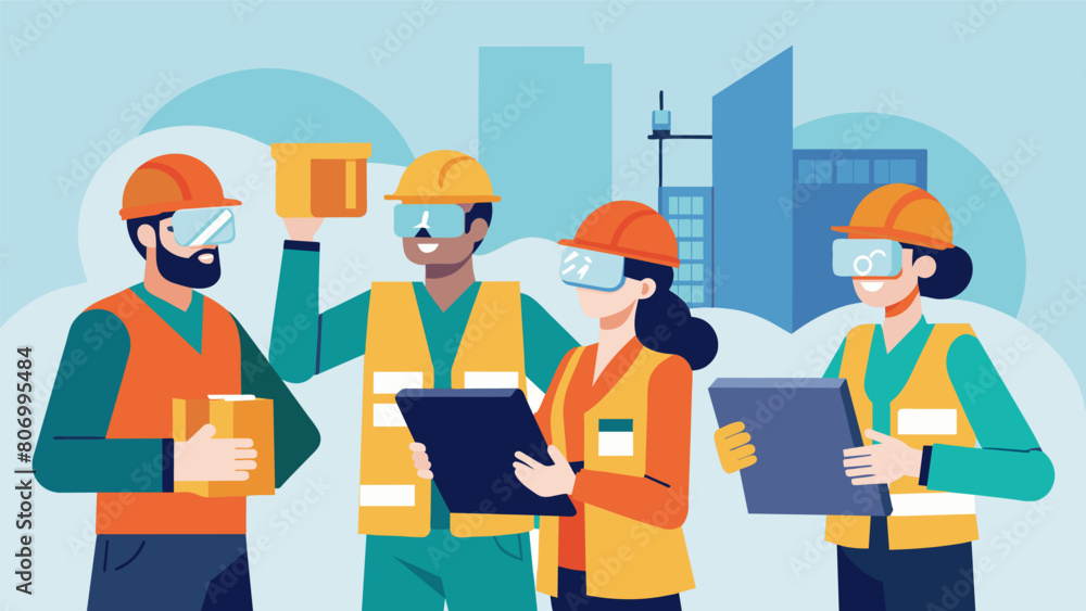 The logistics team using a virtual reality headset to walk through the construction site and identify any potential bottlenecks or safety hazards in. Vector illustration The logistics team using a virtual reality headset to walk through the construction site and identify any potential bottlenecks or safety hazards in. Vector illustration