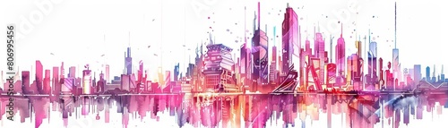 A cute creative cyber minimal charismatic watercolor painting captures the unconventionally structured cityscape of the future