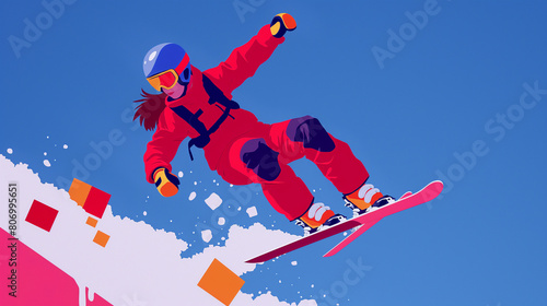 A stylized illustration of a professional skier in mid-jump against a vibrant blue background with dynamic snow spray.