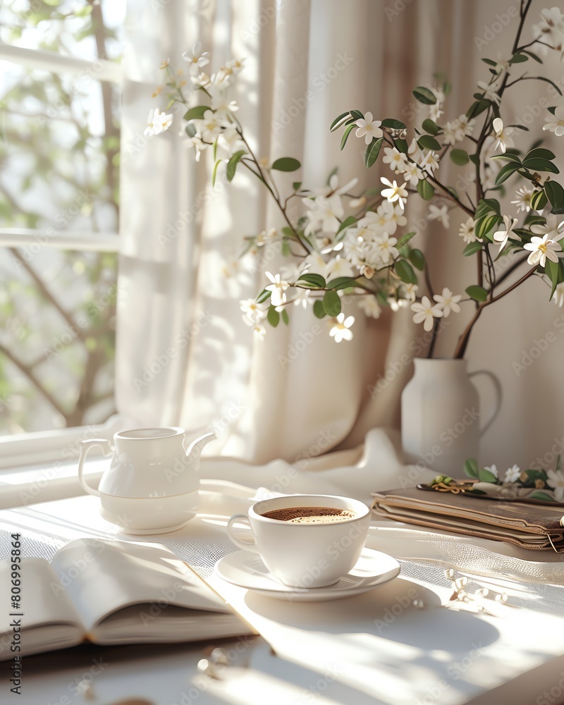 A peaceful morning setup with a coffee mug, a breakfast plate, and a pocketbook on a sunlit white table