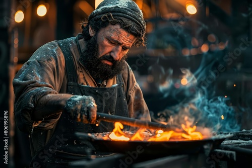 A glassblower shapes a molten piece at his furnace