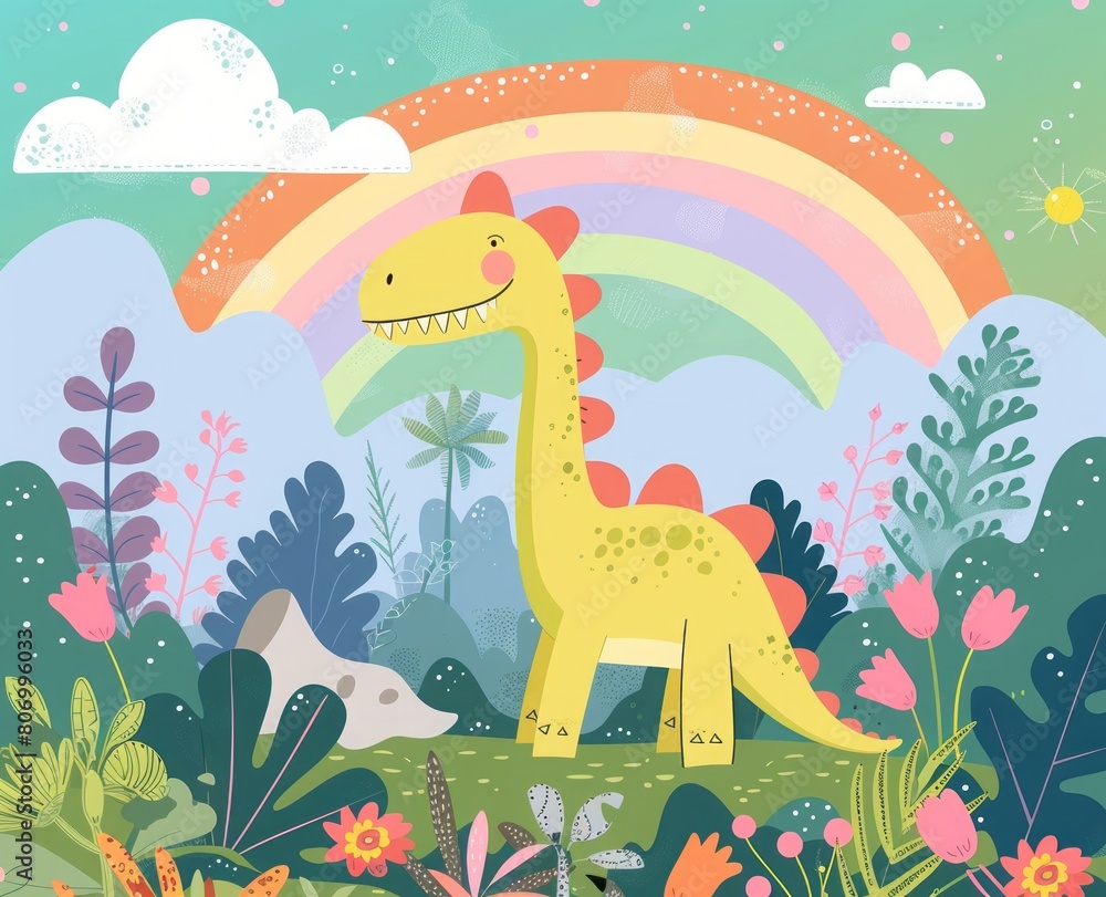 Obraz premium cartoon dinosaur on a rainbow background.