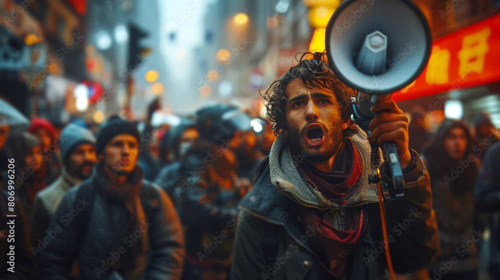 Person Holding Red and White Megaphone in Front of Crowd