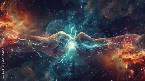 A surreal vision of two fists bumping with lightning energizes the futuristic space banner, symbolizing power and unity, Sharpen banner template with copy space on center photo