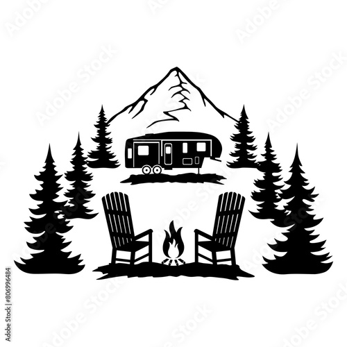 Adirondack Chairs and 5th Wheel Camper, Camping, Hand Drawn Vector Illustration