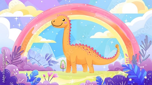 cartoon dinosaur on a rainbow background.