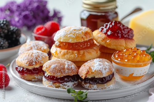 Czech Kol??e with fruit preserves and sweet cheese photo