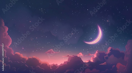 serene night sky with luminous crescent moon glittering stars and soft clouds peaceful celestial landscape © Bijac