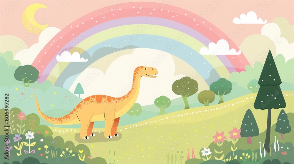 Obraz premium cartoon dinosaur on a rainbow background.