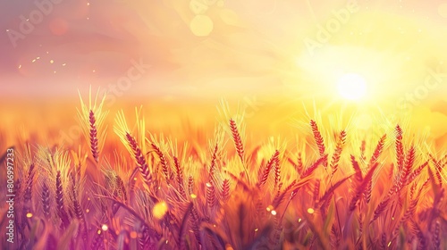 serene wheat field at sunrise with happy vaisakhi text festive spring background digital illustration © Bijac