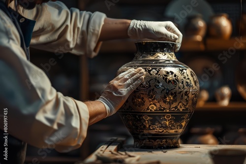 An antique restorer delicately cleans a centuriesold vase photo