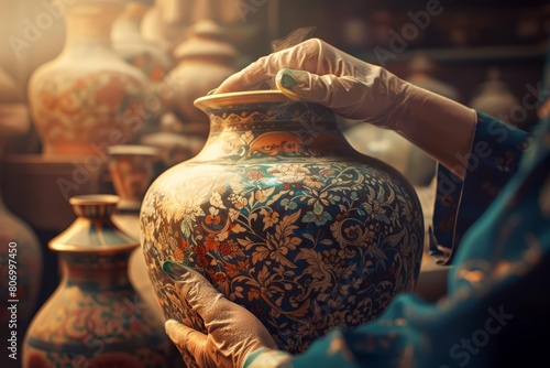 An antique restorer delicately cleans a centuriesold vase photo