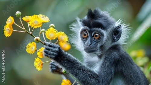 silver leaf monkey reaching for yellow flower trachypithecus cristatus colorful highresolution wildlife photography photo