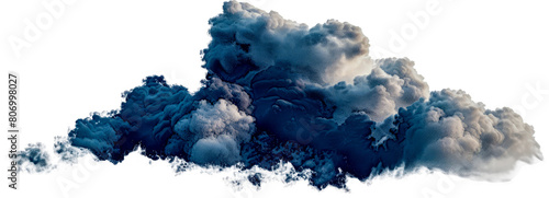 Dark cloud of dense smoke with blue hues cut out on transparent background