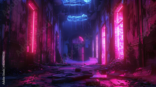 Abandoned Dilapidated Building Illuminated by Mesmerizing Neon-like Lights in Cinematic Photographic Style with